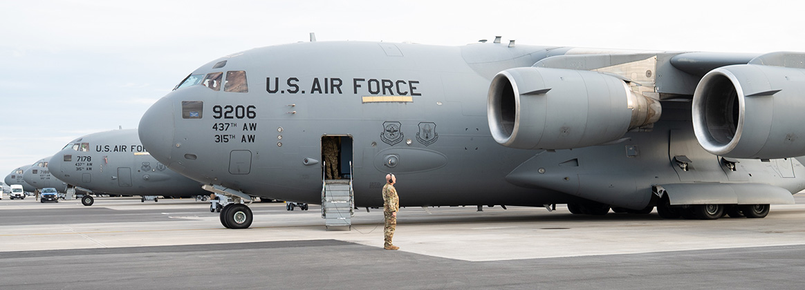 A photo of a C-17 Globemaster III parked on the ramp of Joint Base Charleston.