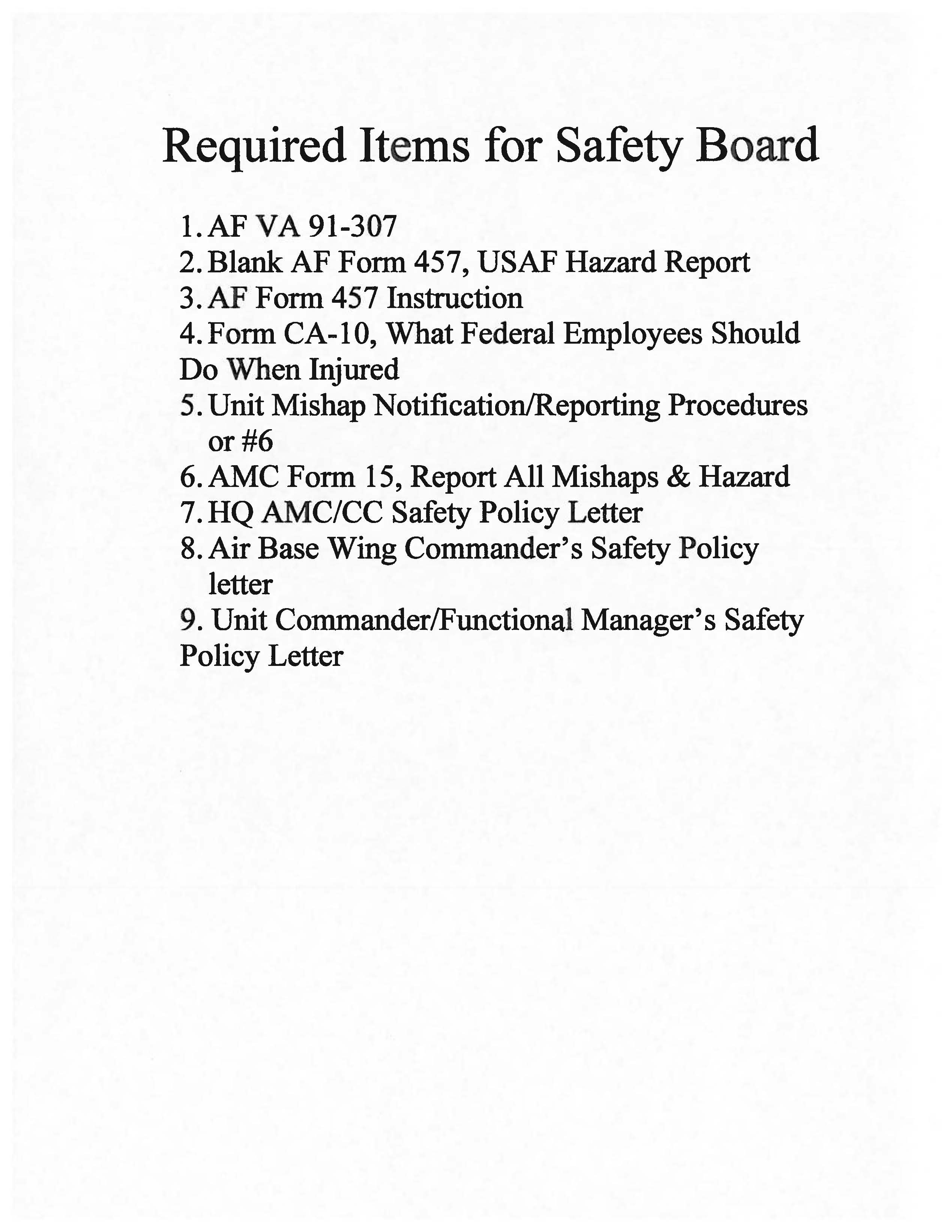A document with the require items for a safety board